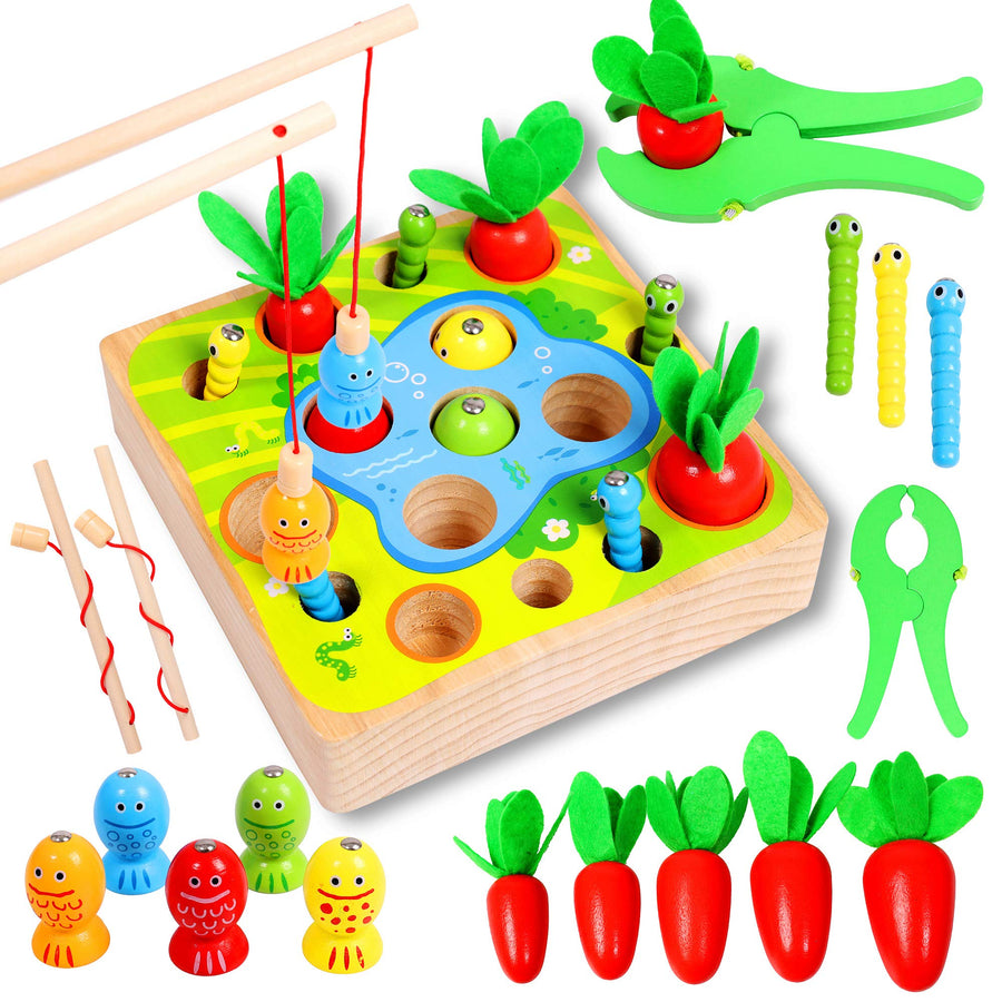 Toys for 1 Year Old Boy Montessori Toys for Toddlers Sensory Education Wooden Toys for 1 2 3 Year Old Babies Gifts for Christmas Birthday Kids Boys & Girls Fishing Games Carrot Harvest Catching Worm