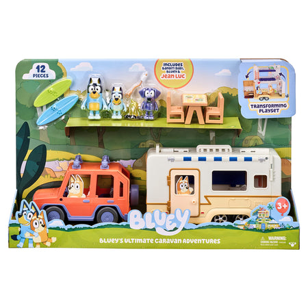 Bluey Ultimate Caravan Adventures - Caravan Playset and Three 2.5-3" Figures & 4WD Family Vehicle with 2 Surfboards