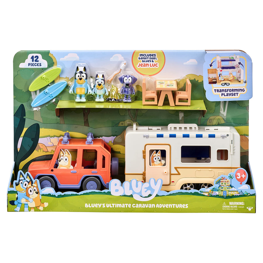 Bluey Ultimate Caravan Adventures - Caravan Playset and Three 2.5-3" Figures & 4WD Family Vehicle with 2 Surfboards