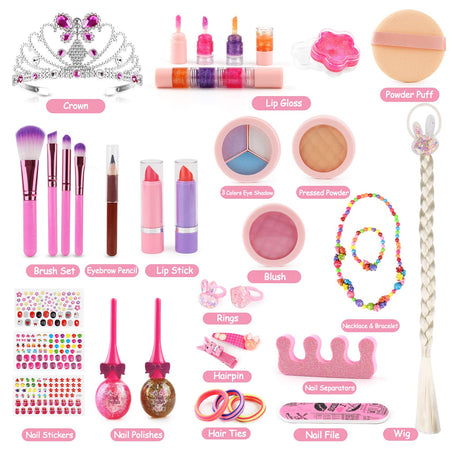 Balnore Kids Makeup Kit for Girl, 34 Pcs Real Kids Makeup Set, Washable Makeup Kit Toys for Little Girls with Fashion Portable Makeup Box Including Princess Crown, Braid Wig, Lipstick, Eye Shadows