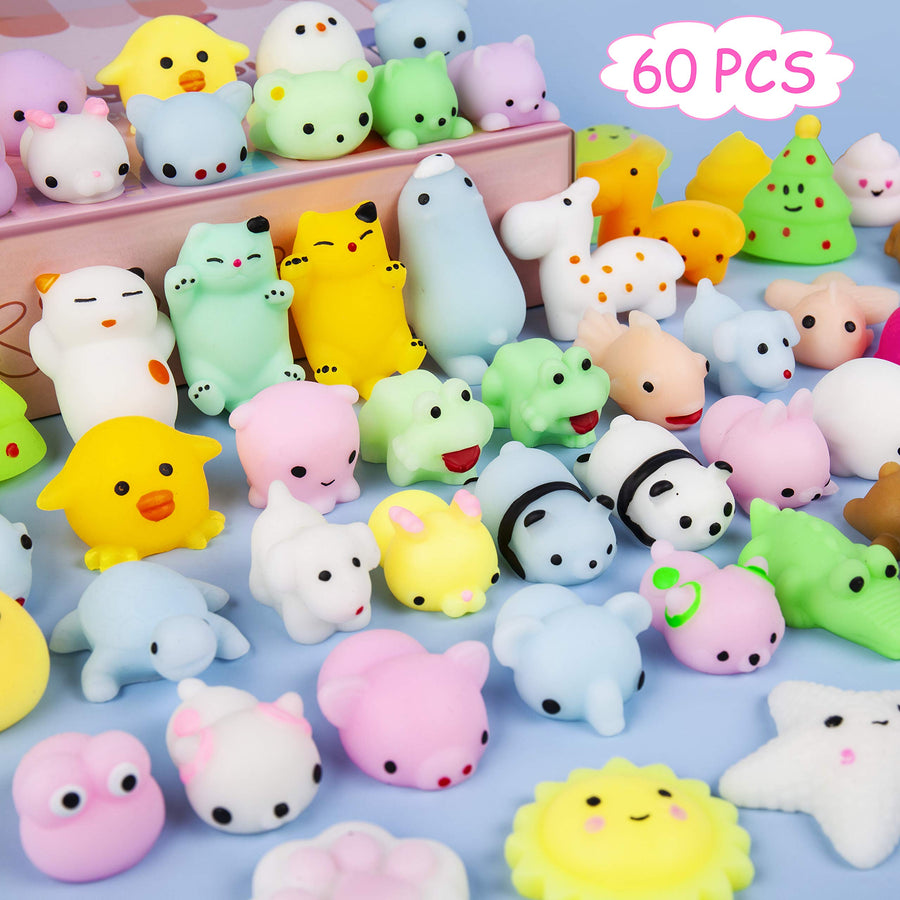 Kizcity 60 Pcs Mochi Squishies, Kawaii Squishy Toys for Halloween Christmas Party Favors, Animal Squishies Stress Relief Toys for Boys & Girls Birthday Gifts, Classroom Prize, Goodie Bag