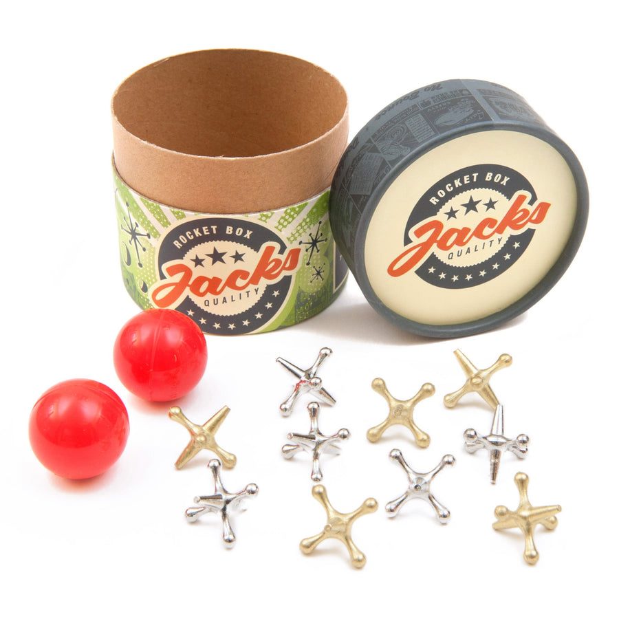 Rocket Box Jacks Game: Retro, New Vintage, Classic Game of Jacks, Gold and Silver Toned Jacks, Two Red Bouncy Balls and Set of Instructions, Fun for Kids and Adults of All Ages.