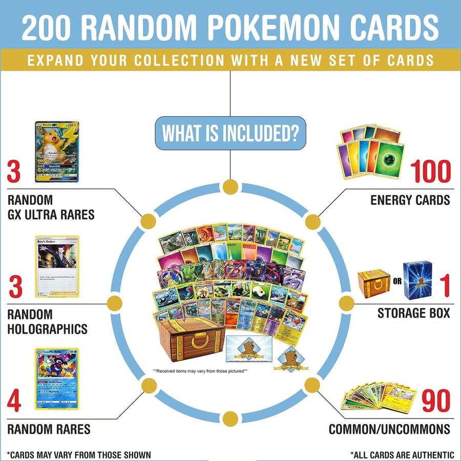 200 Assorted Pokemon Cards - 3 GX Ultra Rares, 4 Rare Cards, 3 Holographics, 90 Common/Uncommons, and 100 Energy Cards - Includes Golden Groundhog Treasure Chest Storage Box