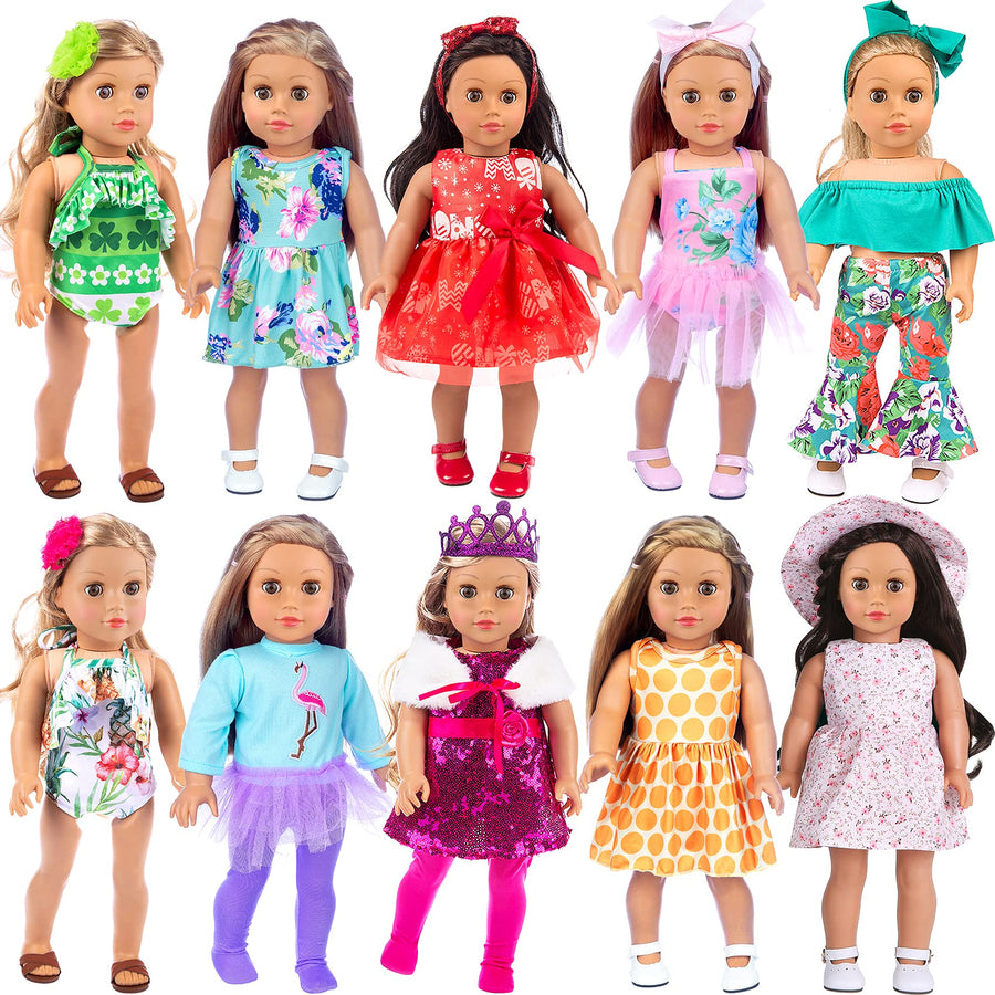 ZITA ELEMENT 24 Pcs American 18 Inch Girl Doll Clothes Dress and Accessories - Including 10 Complete Set of Clothing Outfits with Hair Bands, Hair Clips, Crown and Cap
