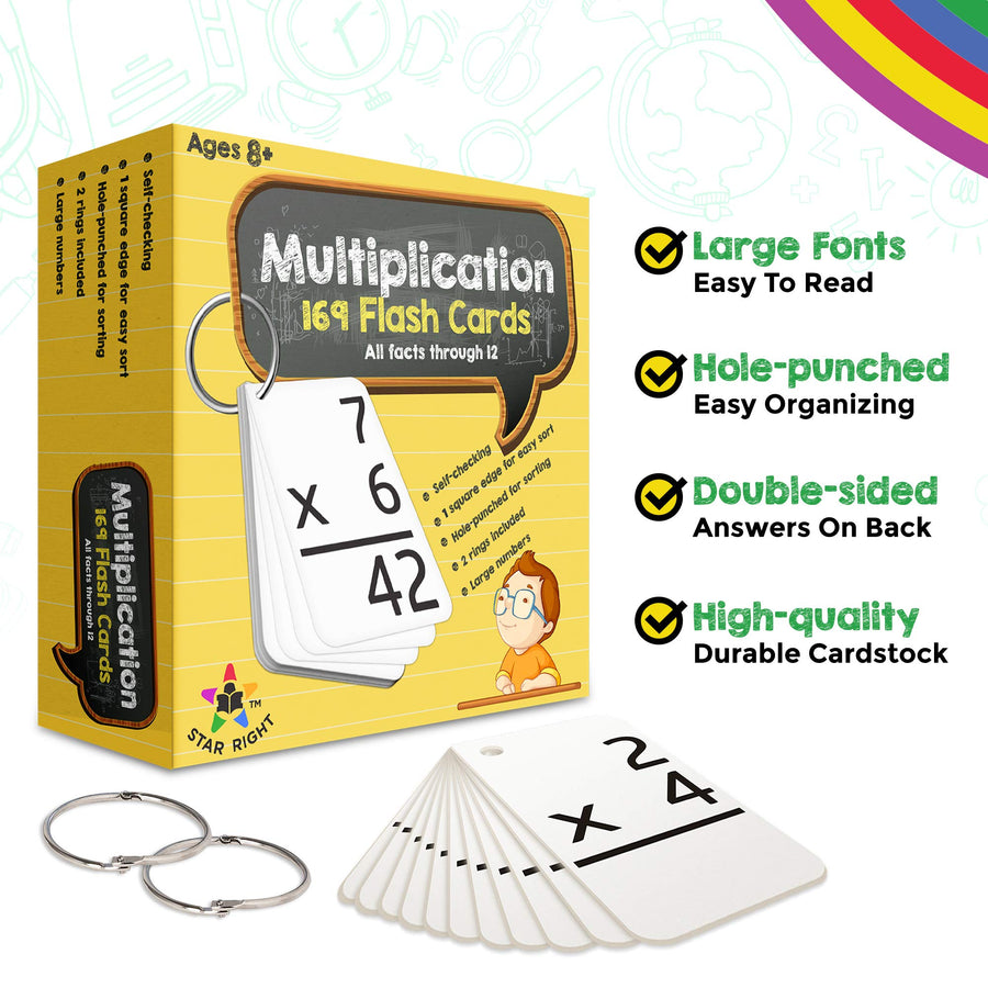 Star Right Math Flash Cards - Multiplication Flash Cards - 169 Hole Punched Math Game Flash Cards - 2 Binder Rings - for Ages 8 and Up - 3rd, 4th, 5th and 6th Grade