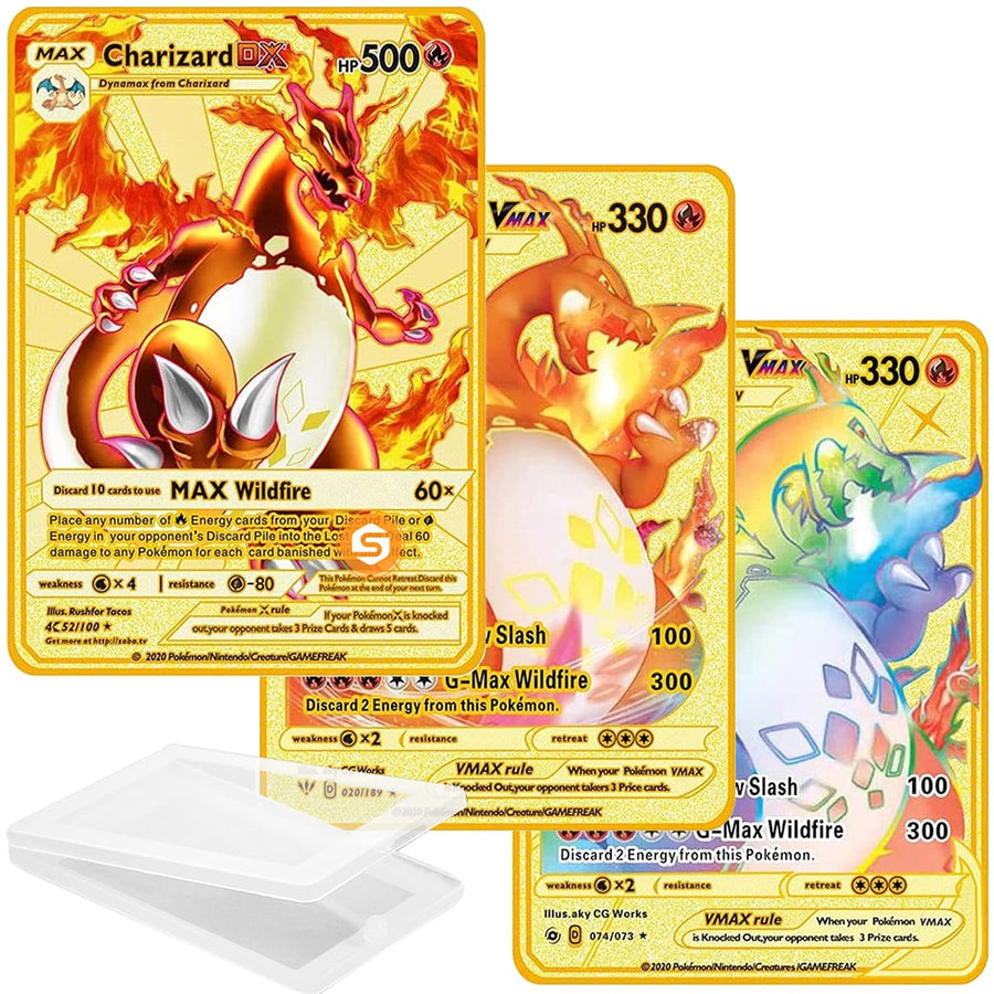 3Pcs Pokemon Metal Gold Plated Card - Charizard/Golden Vmax DX GX Ultra Rare Collection Cards, Best Gift for Collectors, Kids.