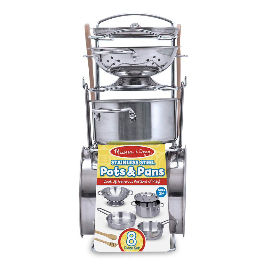 Melissa & Doug Stainless Steel Pots and Pans Pretend Play Kitchen Set for Kids (8 pcs)