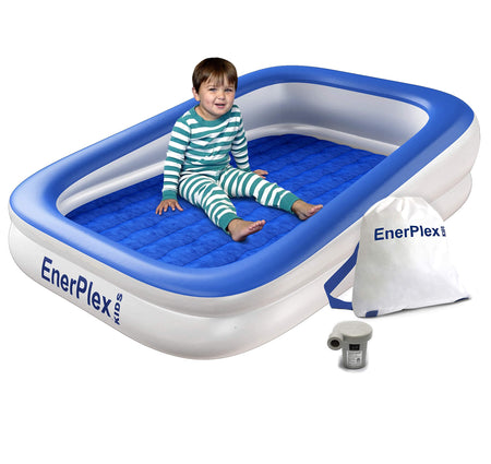 EnerPlex Inflatable Toddler Travel Bed – Portable Kids Air Mattress for Travel, Camping or Hotels w/ Built in Safety Bumpers & High Speed Pump, Puncture Resistant, Compact Size - Blue