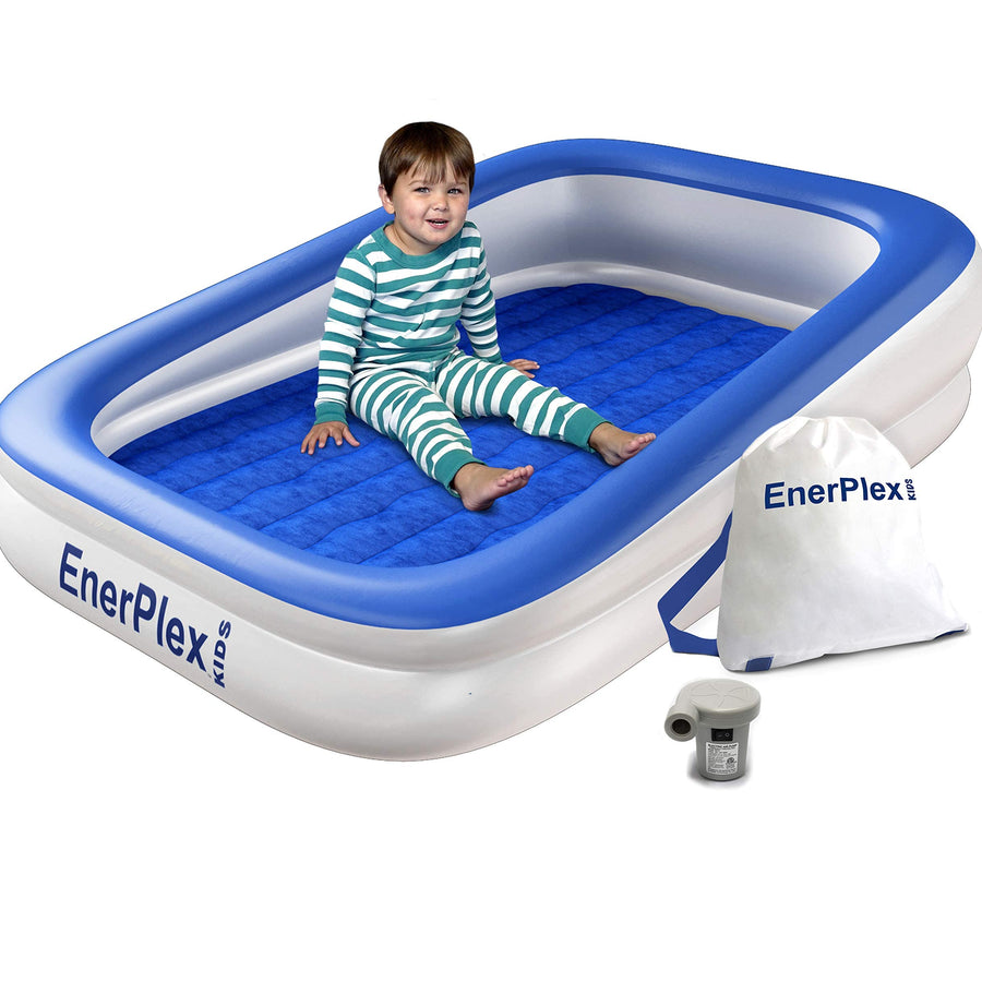 EnerPlex Inflatable Toddler Travel Bed – Portable Kids Air Mattress for Travel, Camping or Hotels w/ Built in Safety Bumpers & High Speed Pump, Puncture Resistant, Compact Size - Blue
