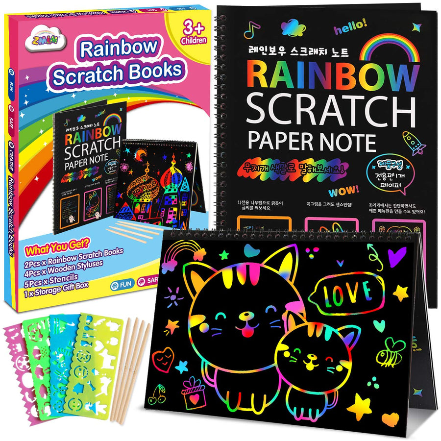 ZMLM Scratch Paper Art-Crafts Notebook: 2 Pack Bulk Rainbow Magic Paper Supplies Toys for 3 4 5 6 7 8 9 10 Years Old Girls Kids Favors Gifts for Birthday Halloween Christmas Party Games Projects Kits