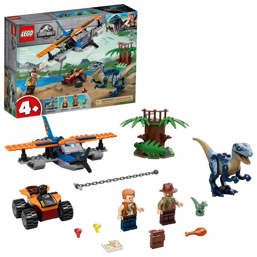 LEGO Jurassic World Velociraptor: Biplane Rescue Mission 75942, Dinosaur Toy for Preschool Kids, Featuring a Buildable Plane Toy, Posable Velociraptor, and Baby Raptor Delta (101 Pieces)
