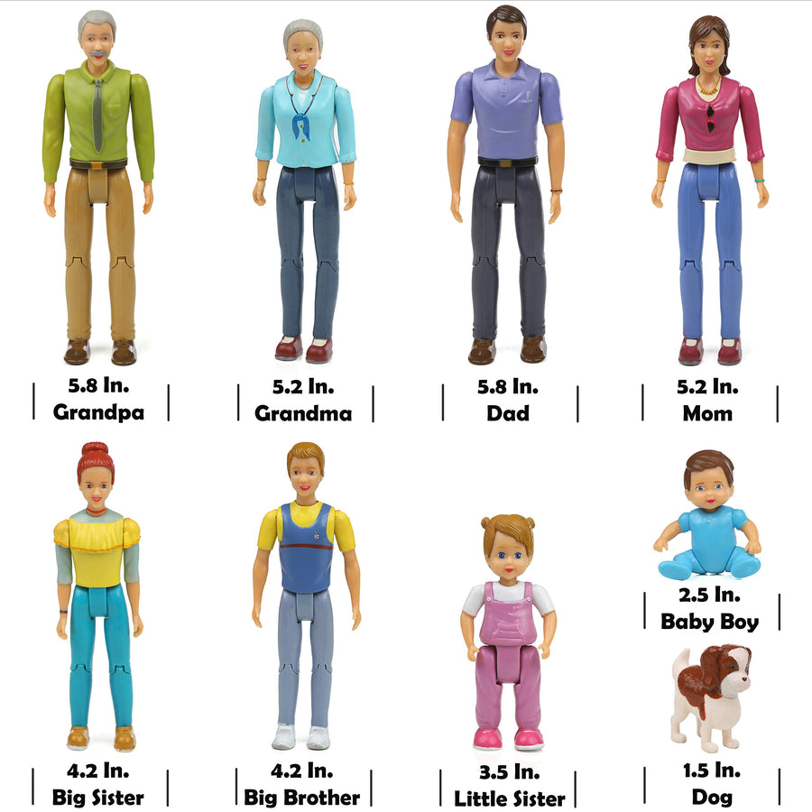 Beverly Hills Doll Collection Sweet Lil Family Friends Figures - New Addition Set of 9 Dollhouse People - Grandma, Grandpa, Mom, Dad, Sister, Brother, Toddler, Baby and Dog