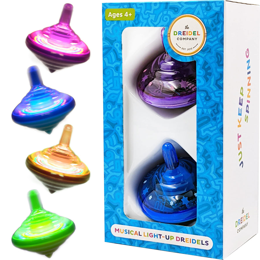 Hanukkah Musical Light-Up Dreidel Spinning Tops Set, Plays 2 Classic Hanukkah Songs, Assorted Colors (2-Pack)