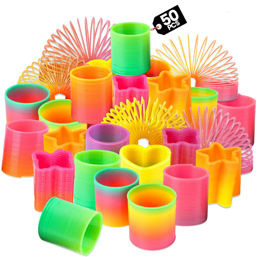 Rainbow Spring Toy Assortment - (Pack of 50) Mini Plastic Coil Spring Toy | Bright Colors and Shapes, Goody Bag Filler, Party Prizes and Stocking Stuffers for Kids by Bedwina