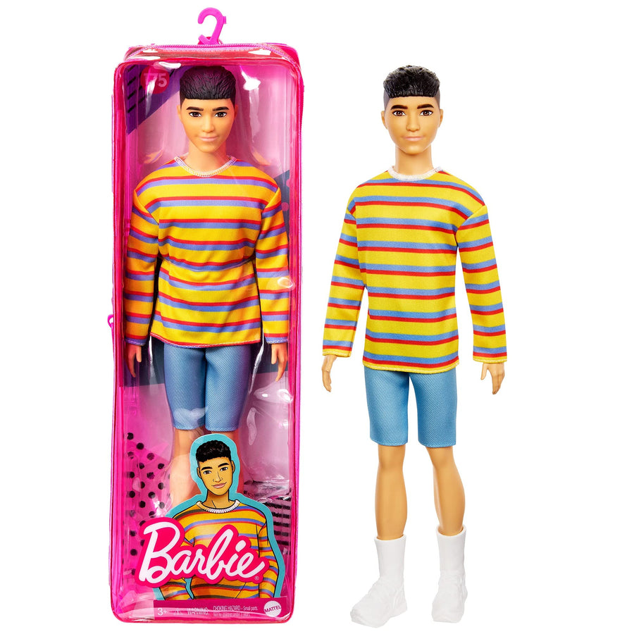 Barbie Ken Fashionistas Doll #175 with Sculpted Brunette Hair Wearing a Long-Sleeve Colorful Striped Shirt, Denim Shorts, White Boots, Toy for Kids 3 to 8 Years Old