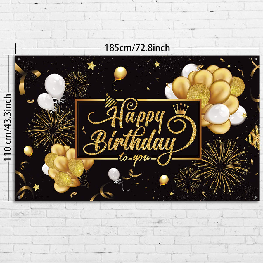 Happy Birthday Backdrop Banner Large Black Gold Balloon Star Fireworks Party Sign Poster Photo Booth Backdrop for Men Women 30th 40th 50th 60th 70th 80th Birthday Party Decorations, 72.8 x 43.3 Inch