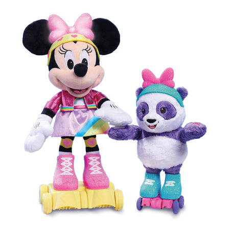 Disney Junior Minnie Mouse Roller-Skating Party Minnie Mouse, Interactive Light Up Feature Plush with Talking, Singing, and Moving, Includes a Roller-Skating Panda, by Just Play