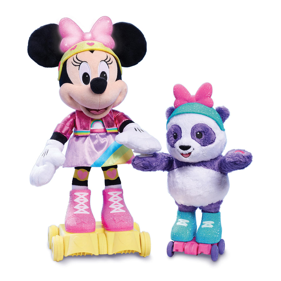 Disney Junior Minnie Mouse Roller-Skating Party Minnie Mouse, Interactive Light Up Feature Plush with Talking, Singing, and Moving, Includes a Roller-Skating Panda, by Just Play