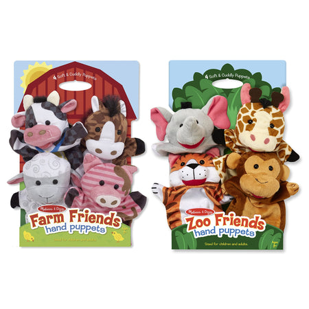 Melissa & Doug Animal Hand Puppets (Set of 2, 4 animals in each) - Zoo Friends and Farm Friends