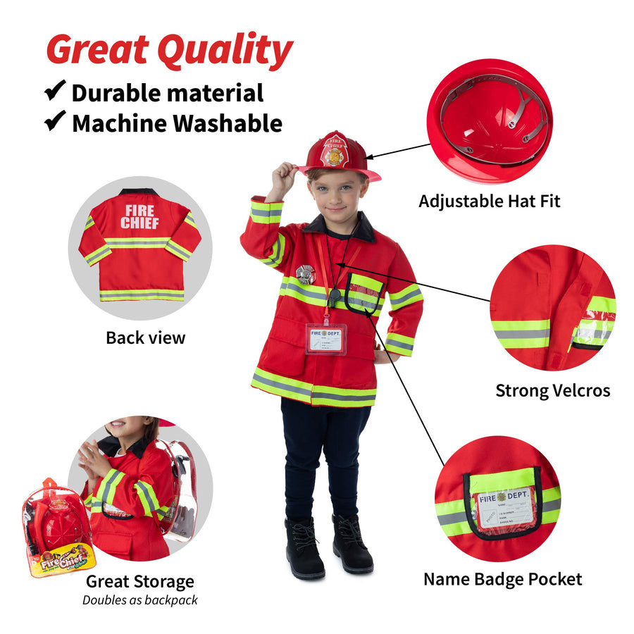 Born Toys 8 PC Premium WASHABLE kids Fireman Costume Toy for kids,Boys,Girls,Toddlers, and children with complete firefighter accessories