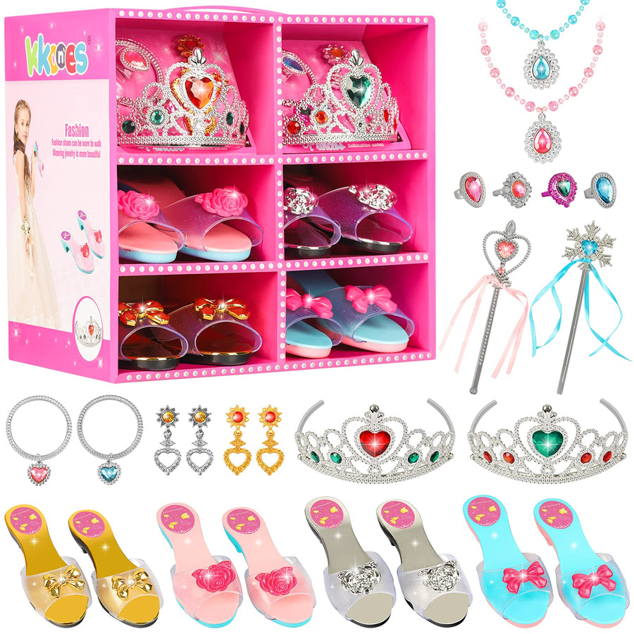 Princess Jewelry Boutique Dress Up & Elegant Shoe(4 Pairs of Girls Heels Shoes), Role Play Fashion Accessories of Crowns, Necklaces, Bracelets, Rings, Girls Beauty Gift Toys for Age 2 3 4 5 6 Year Old