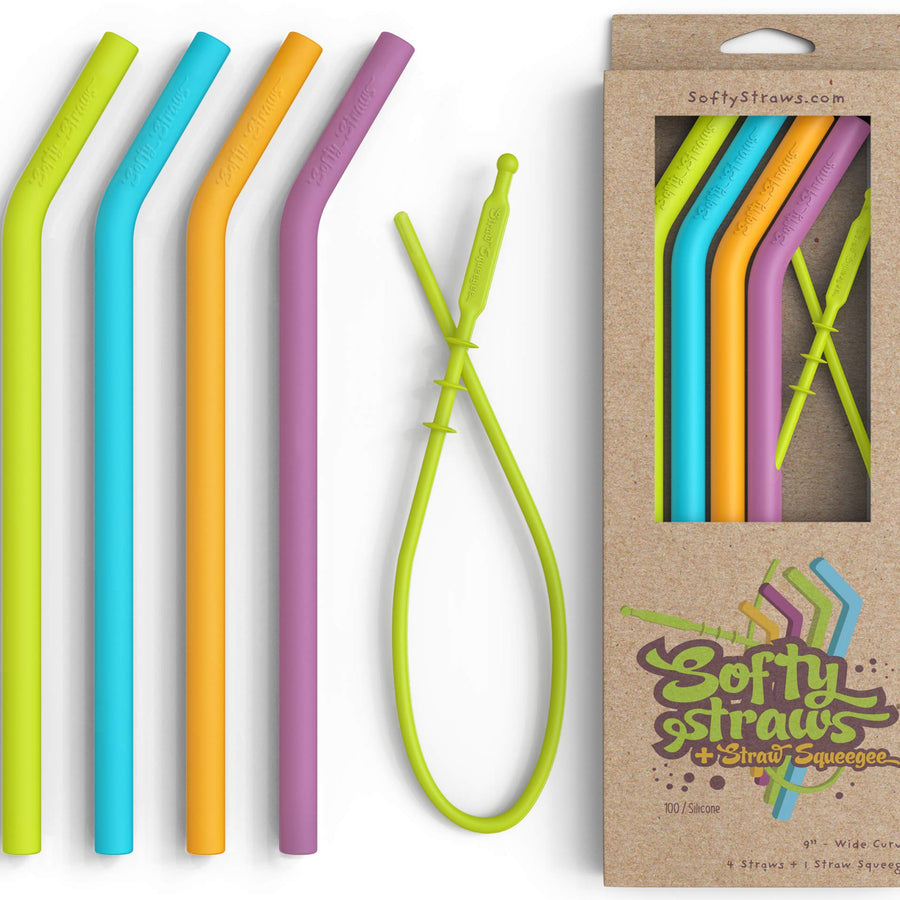 Softy Straws Premium Reusable Silicone Drinking Straws + Patented Straw Squeegee - 9” Long With Curved Bend for 20/30oz Tumblers - BPA Free (Non-Rubber), Flexible, Bendy, Safe for Kids / Toddlers