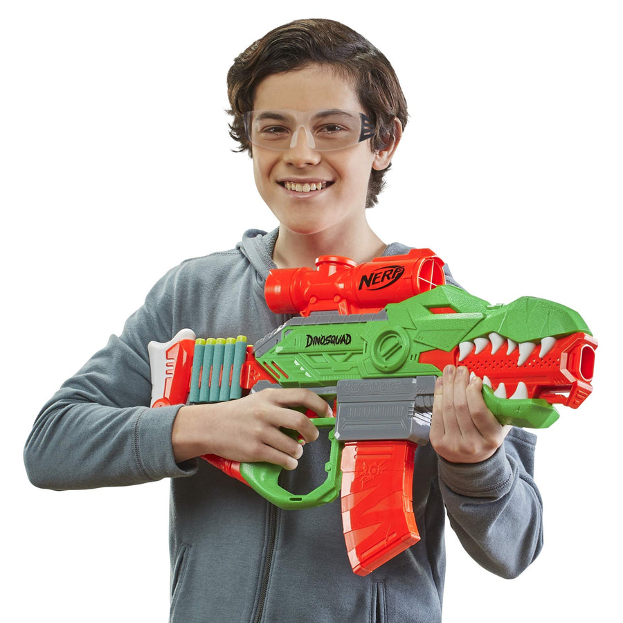 NERF DinoSquad Rex-Rampage Motorized Dart Blaster, 10-Dart Clip, 20 Official Darts, 10-Dart Storage- T-Rex Dinosaur Design
