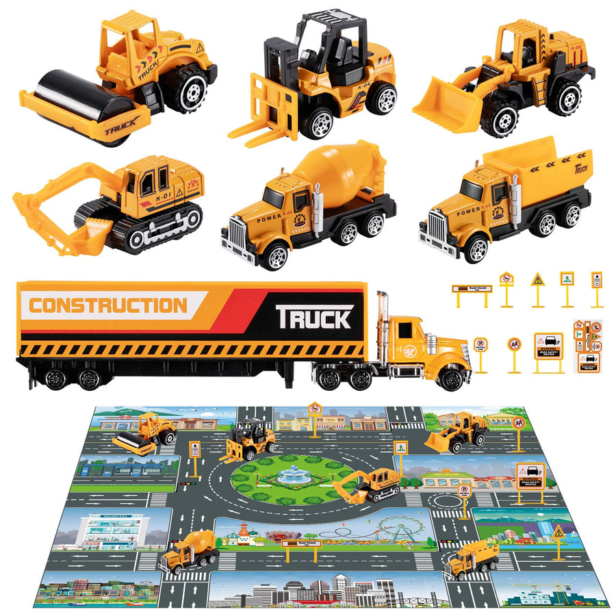 TEMI Diecast Engineering Construction Vehicle Toy Set w/ Play Mat,Truck Carrier,Forklift,Bulldozer,Excavator,Mixer,Dump Truck, Alloy Metal Car Toys Set for 3 4 5 6 Years Old Toddlers Kids Boys & Girls