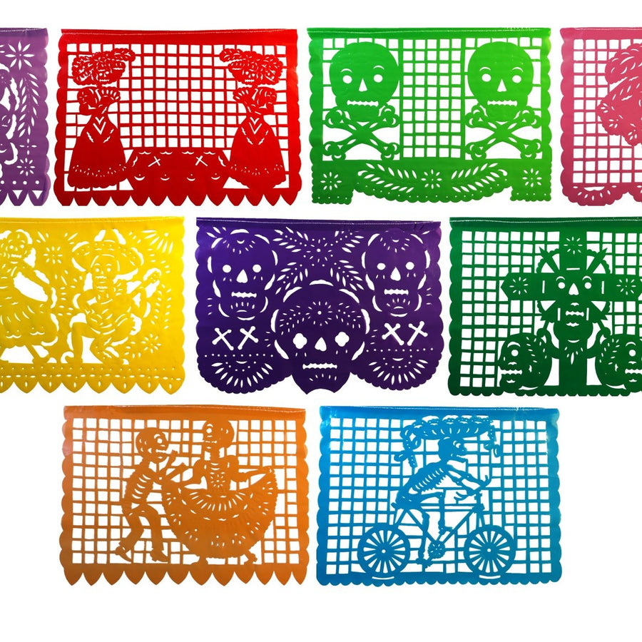 Paper Full of Wishes Large Plastic Day of The Dead Papel Picado Banner - Un Dia de Memoria - Decorations for Dia De Los Muertos - Banner has 9 Large Panels and is 15 Ft Long Hanging