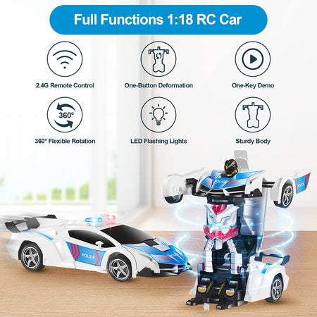 CEGOUFUN 1:18 Scale Transform RC Car Robot for Kids, Remote Control Car with One Button Deformation, 2.4Ghz Remote Control Police Toy Car with 360 Degree Drifting, Great Toys Gift for Boys Girls