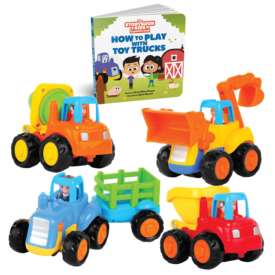 Educational Play Set for Kids Age 1, 2, 3 - Push & Pull Cars for Two Year Olds - Storybook Toys for 2 Year Old Boy - Toys for 1 Year Old - Toddler Construction Friction Toy Trucks for 2 Yr Old Boys