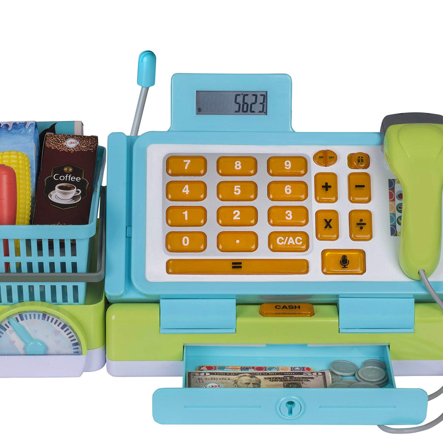 Playkidz Interactive Toy Cash Register for Kids - Sounds & Early Learning Play Includes Play Money Handheld Real Scanner Working Scale & Calculator, Live Microphone Food Boxes Plastic Fruit & Basket