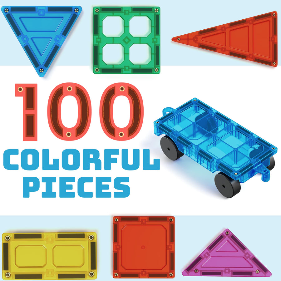 Magnet Build Magnetic Tiles 100 Piece Set Clear Extra Strong Building Blocks 3D Tile, STEM Learning Toy, Construction, Euducational, Imagination, Assorted Shapes & Colors, Gift for Kids Ages 3+