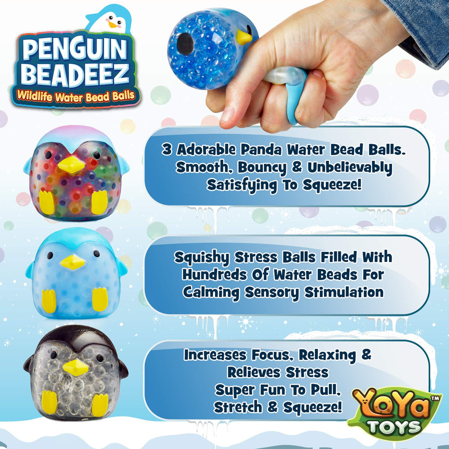 YoYa Toys Beadeez Penguin Stress Relief Balls (Set of 3) - Anxiety Relief Squeezing Squishy Balls for Kids and Adults - Funny Fidget Sensory Toy Filled with Water Beads - ADHD Hand Finger Exerciser