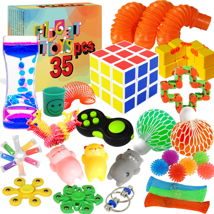 Kidcia Fidget Toys, 35 PCS Sensory Toys for Adults / Kids / ADHD / Autistic / ADD / OCD to Release Anxiety / Autism with Marble Mesh & Liquid Motion Timer, Gifts for Birthday / Classroom Reward