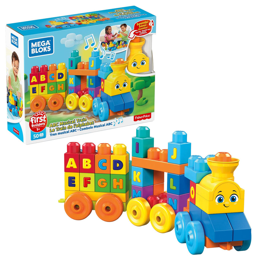 Mega Bloks First Builders ABC Musical Train with Big Building Blocks, Building Toys for Toddlers (50 Pieces)