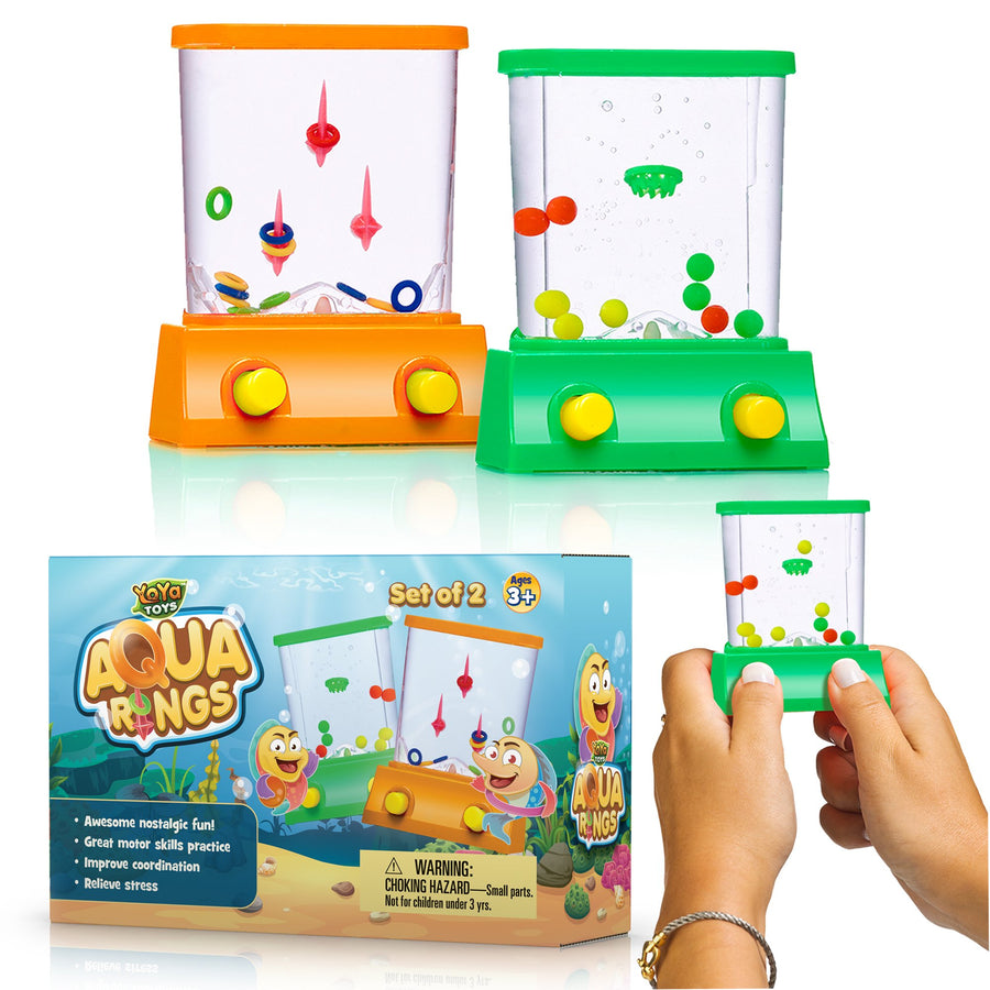 Handheld Water Game by YoYa Toys - 2 Pack Set of a Fish Ring Toss and a Basketball Aqua Arcade Toy in 2 Compact Mini Retro Pastime for Kids and Adults in a Gift Box