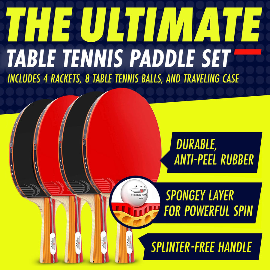 Nibiru Sport Ping Pong Paddles Set of 4 - Table Tennis Paddles, 8 Balls, Storage Case - Table Tennis Rackets & Game Accessories