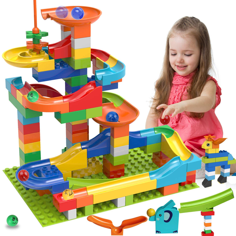 COUOMOXA Marble Run Building Blocks Classic Big Blocks STEM Toy Bricks Set Kids Race Track Compatible with All Major Brands 110 PCS Various Track Models for Boys Girls Toddler Age 3,4,5,6,7,8+