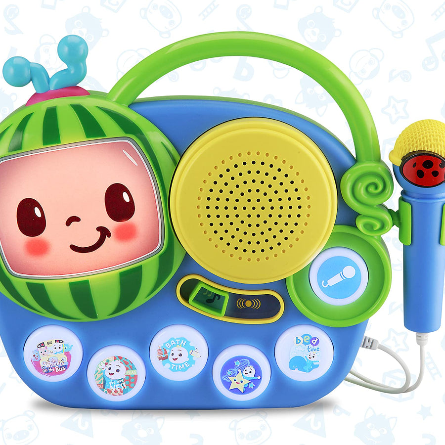 eKids Cocomelon Toy Singalong Boombox with Microphone for Toddlers, Built-in Music and Flashing Lights, for Fans of Cocomelon Toys and Gifts