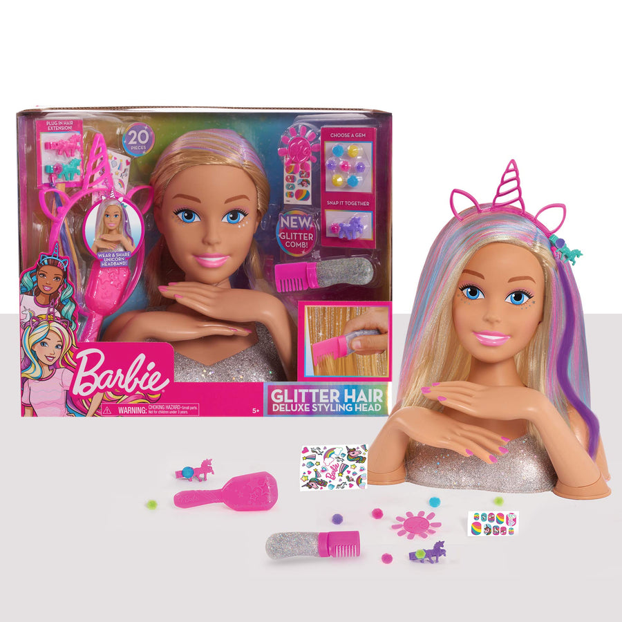 Barbie Deluxe 20-Piece Glitter and Go Styling Head, Blonde Hair and Unicorn Headband, by Just Play