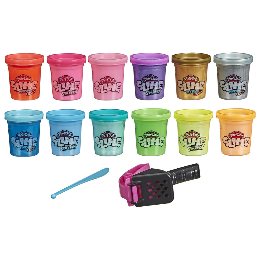 Play-Doh Slime: Super Stretch, and HydroGlitz 12 Color Variety Pack for Kids 3 Years and Up, 1.8-Ounce Cans, Non-Toxic, Assorted Colors, Includes 2 Tools