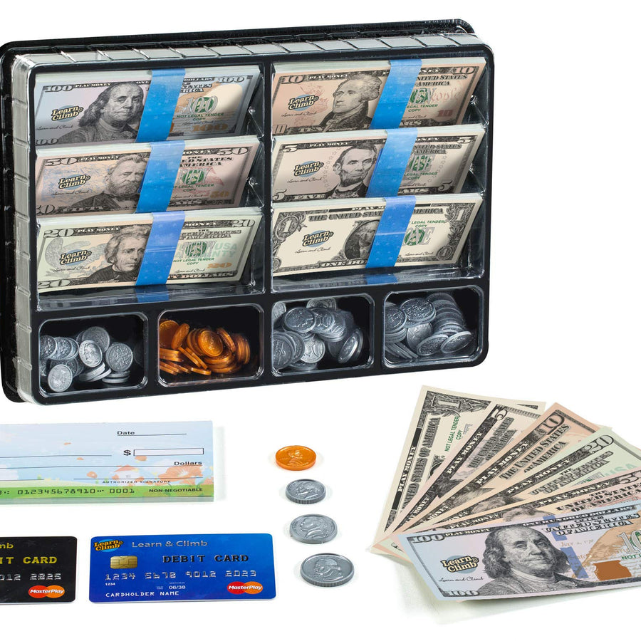 Play Money for kids – Looks Real Play Money Set for Pretend Play & Learning. Contains: Bills, Coins, Credit & Debit Cards and Checkbook
