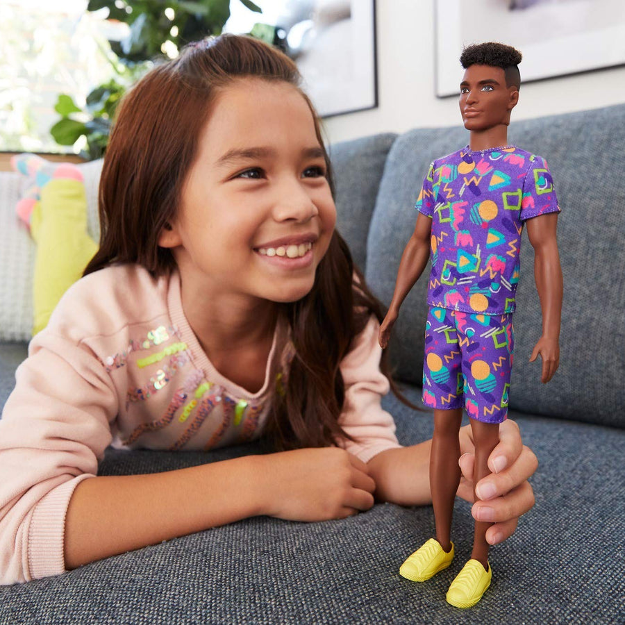 Barbie Ken Fashionistas Doll #162 with Rooted Brunette Hair Wearing Graphic Purple Top, Shorts & Yellow Shoes, Toy for Kids 3 to 8 Years Old