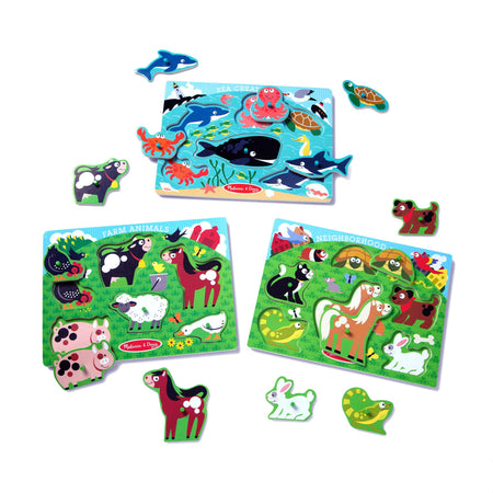 Melissa & Doug Animals Wooden Peg Puzzles Set - Farm, Pets, and Ocean