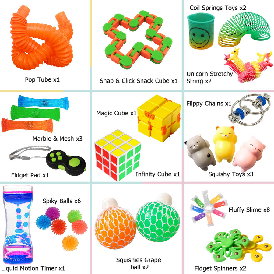 Kidcia Fidget Toys, 35 PCS Sensory Toys for Adults / Kids / ADHD / Autistic / ADD / OCD to Release Anxiety / Autism with Marble Mesh & Liquid Motion Timer, Gifts for Birthday / Classroom Reward