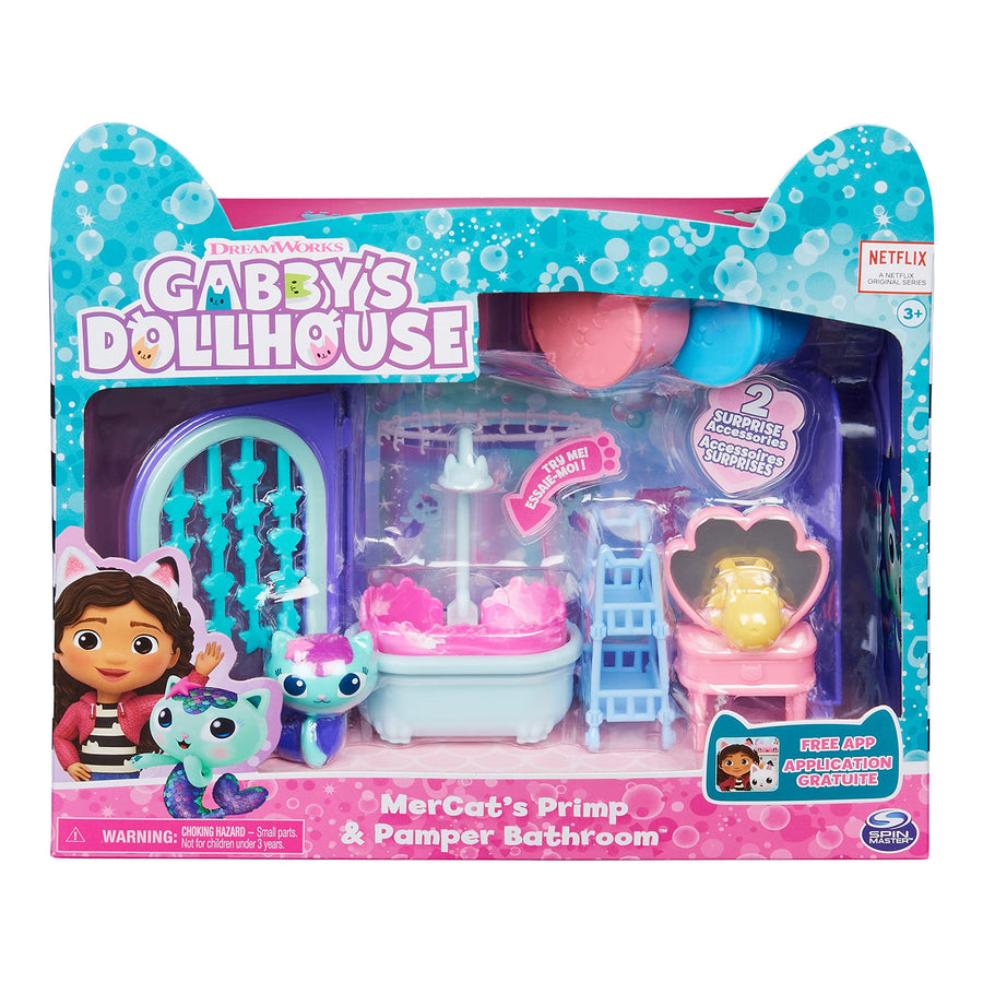 Gabby's Dollhouse, Primp and Pamper Bathroom with Mercat Figure, 3 Accessories, 3 Furniture and 2 Deliveries, Kids Toys for Ages 3 and up