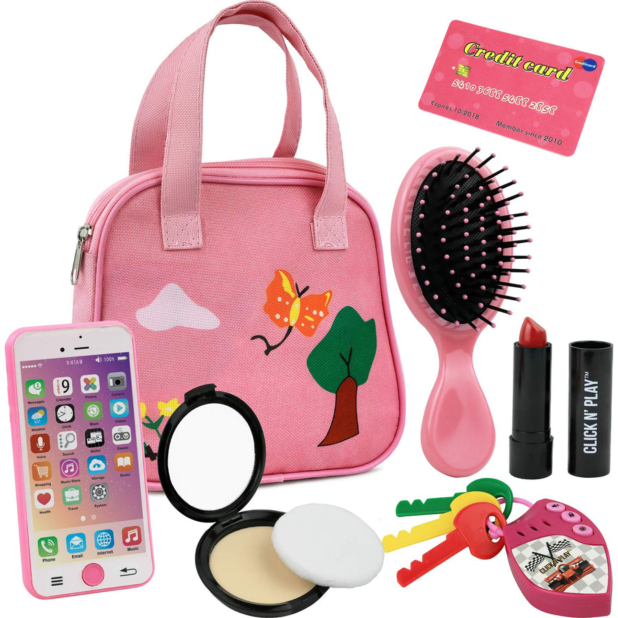 Little Girls Purse, Click N' Play Pretend Play Purse Set, Handbag with 8 Pieces including Makeup, Smartphone, Wallet, Keys, Credit Card, Toy Purse for Toddler Girls Ages 2+