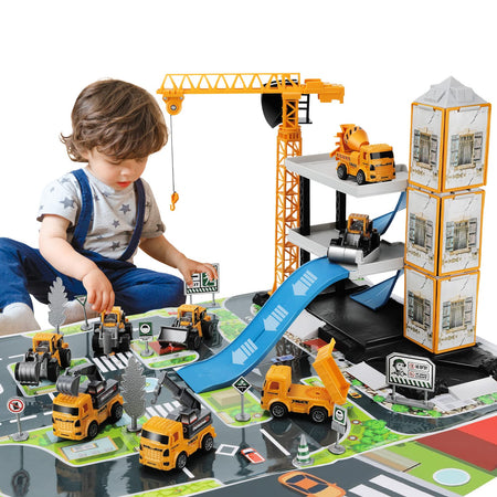 TEMI Construction Vehicles Toy for Boys, 60PCS Kids Engineering Trucks Vehicle w/ Tractor, Crane, Dump, Excavator and Map, Birthday Gift Toys for 3 4 5 6 7 Year Old Boys Children Toddlers