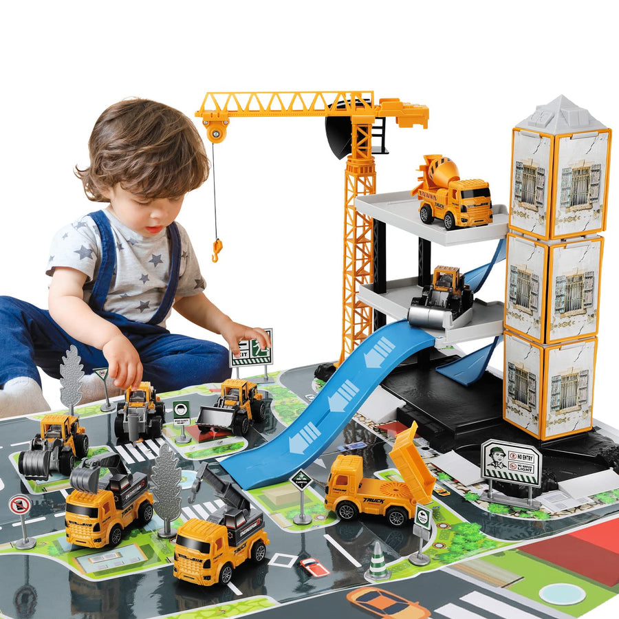 TEMI Construction Vehicles Toy for Boys, 60PCS Kids Engineering Trucks Vehicle w/ Tractor, Crane, Dump, Excavator and Map, Birthday Gift Toys for 3 4 5 6 7 Year Old Boys Children Toddlers